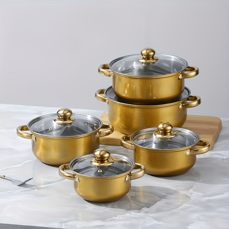 TEMU Set de 5 pièces de batterie de cuisine dorée. Couvercles en verre trempé, marmites de plusieurs tailles. Équipement de cuisine .