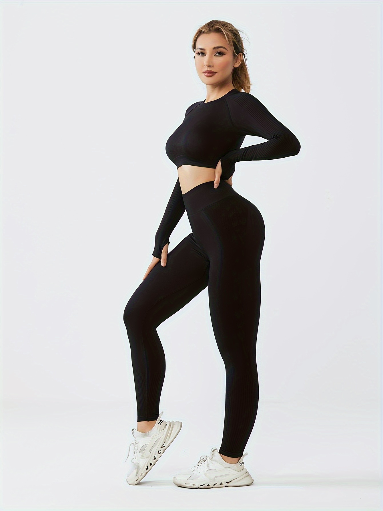 Yoga Workout Set Long Sleeve Thumb Hole Crop Yoga Top High - Temu