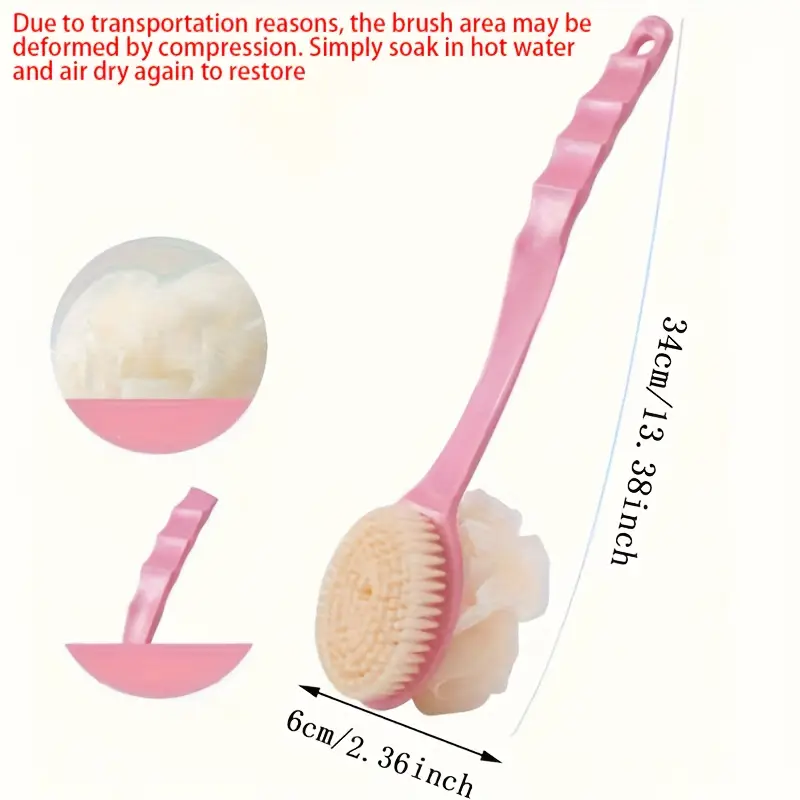 1 in 1 dual head back scrubber shower brush with soft towel long handle plastic bath brush for exfoliating back legs bristles ergonomic grip no battery needed bathroom essentials body cleaning accessory dualheaded design durable scrubbing tool sturdy construction skincare routine Product details 2
