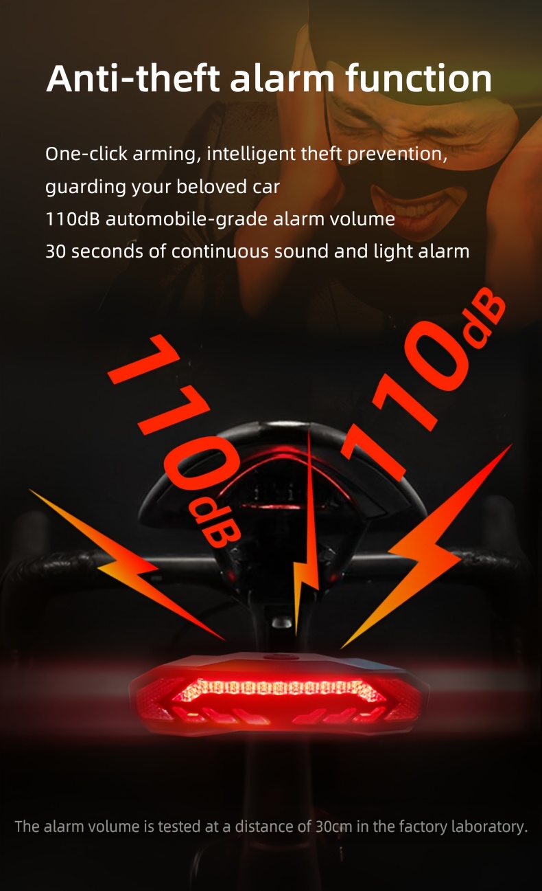 Vijf-in-één Intelligente Fiets Anti-diefstal Apparaat | Anti-diefstal Alarm (113dB), Stuur-/Rem Signaal, Zes Maanden Batterijduur, USB Opladen, Oplaadbare Lithium Batterij - Ultieme Rijveiligheids Garantie