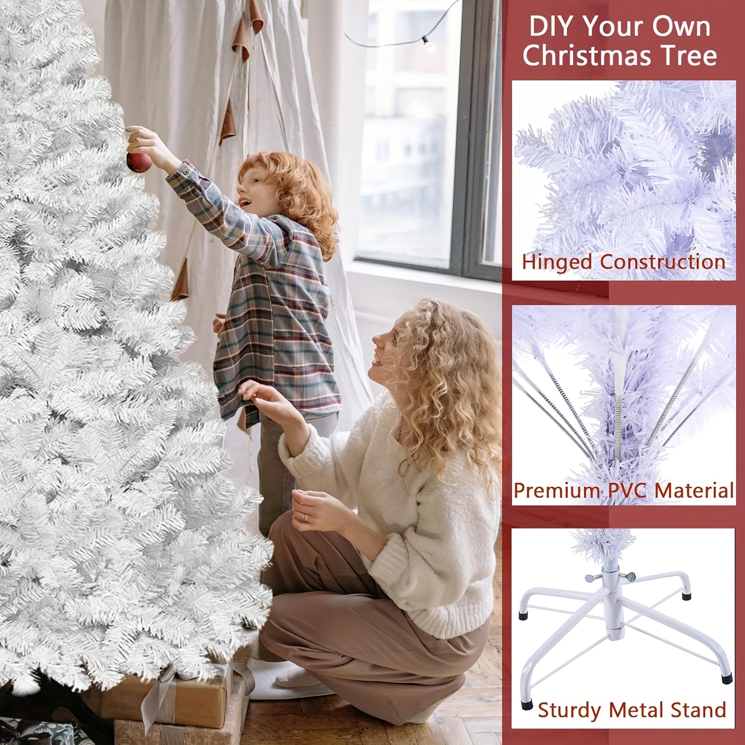TEMU White Artificial Christmas Tree In 7ft And 8ft Sizes, Complete With A Tree Skirt. This Pine Tree Is Perfect For Seasonal Indoor Decoration,