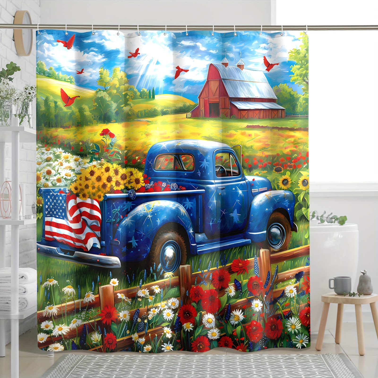 

1pc Truck Flowers Flag Pattern Shower Curtain, Waterproof Shower Curtain With Hooks, Bathroom Partition, Bathroom Accessories, 4th Of July, Independence Day