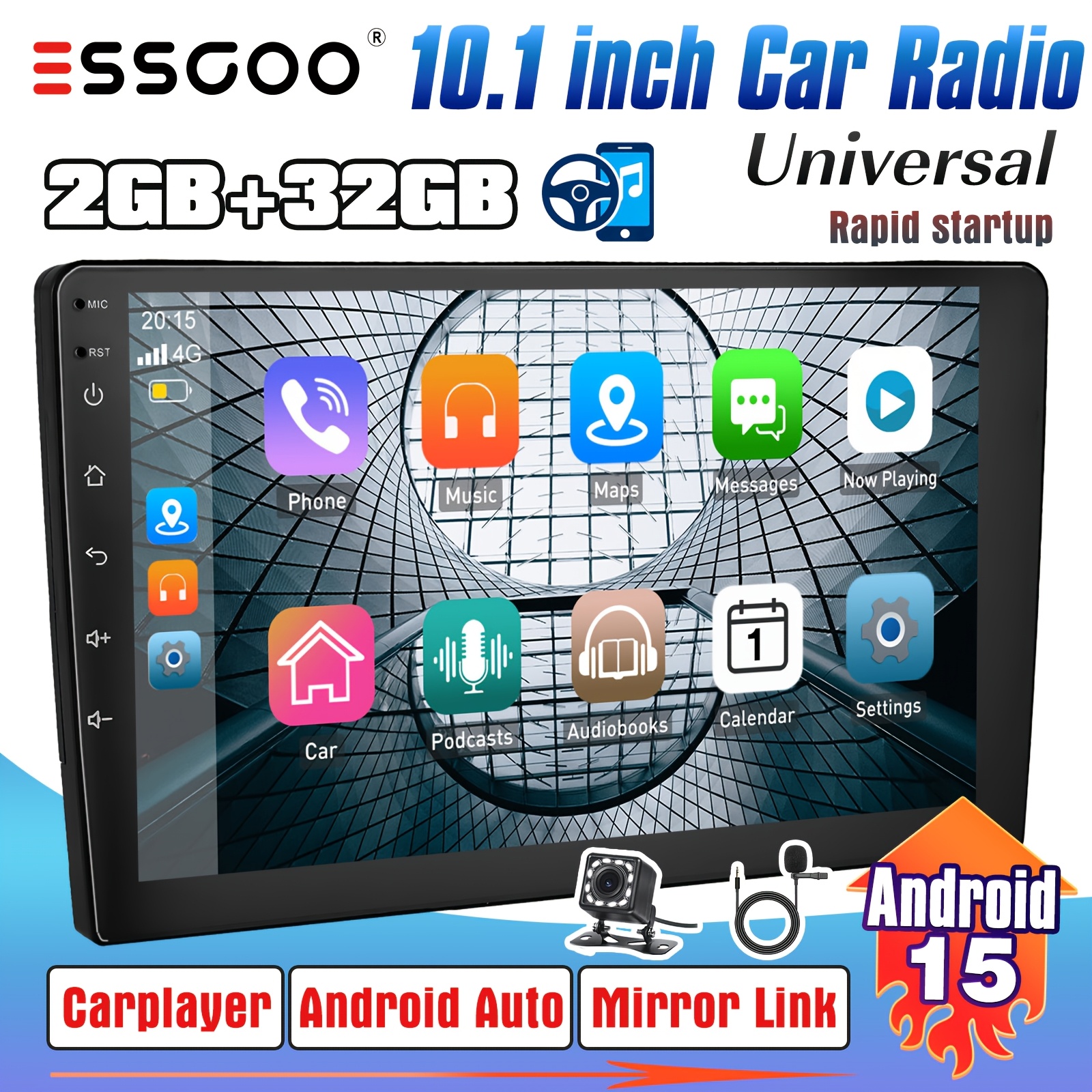 Image of Essgoo 2din 15 Universal Car Stereo | 10.1-inch Ips Touchscreen Display | 2gb + 32gb Rom | Wireless Carplayer & Auto | With Gps Navigation & | Audio With Asp Settings | Full Swc &