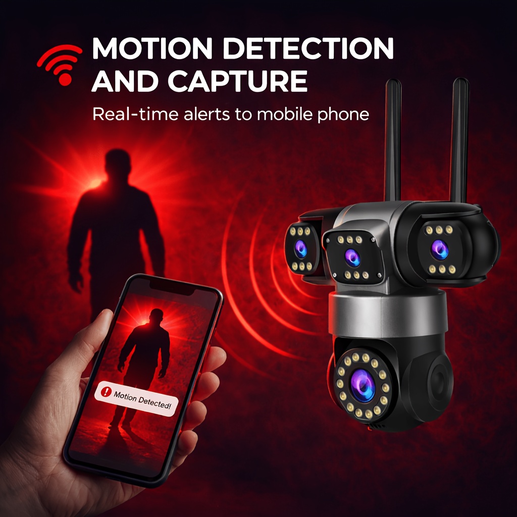 4MP QHD Home Security Outdoor WiFi Camera 4 Lens 4 Screen Home Security Camera (power Adapter Not Included) Outdoor Wireless Camera, 2.4GHz WiFi, 360°PTZ Pan/Tilt Rotation, Motion Detection Tracking, Two-Way Voice Intercom, Full Color Night Vision