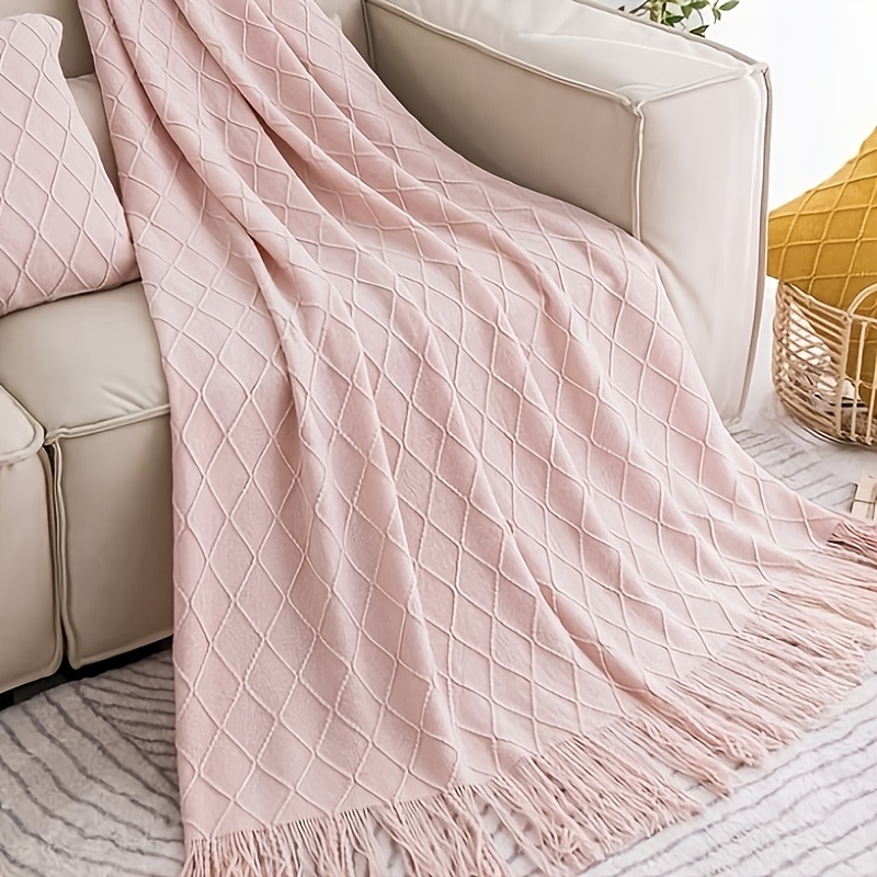 TEMU [soft & Durable] 130*152cm Diamond Throw Blanket With Tassels - Lightweight Cozy Blanket For Couch, Bed, Living Room - Boho Home Decor & Gift