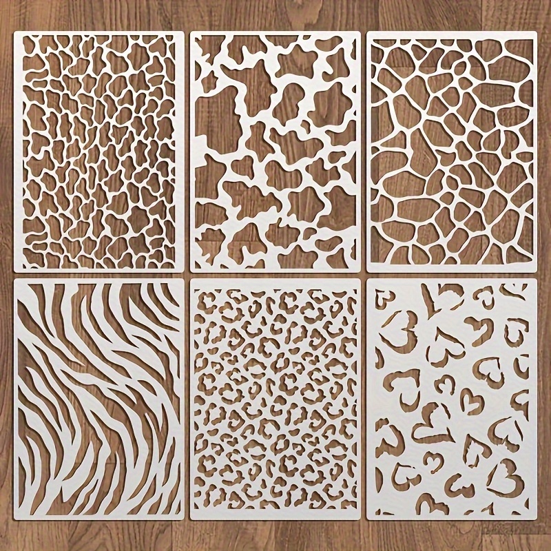 E-shop 6 wiederverwendbare Textur-Schablonen für DIY-Bastelarbeiten – Tiermuster, Zebrastreifen, Leopardenmuster, Herzmuster, waschbares PET-Material,