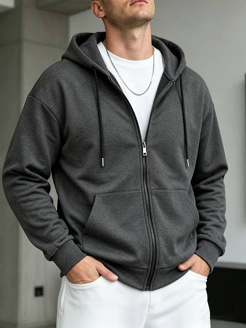 sudadera con capucha y cremallera completa de color liso para hombre - sudadera casual de larga con bolsillo para /otoño