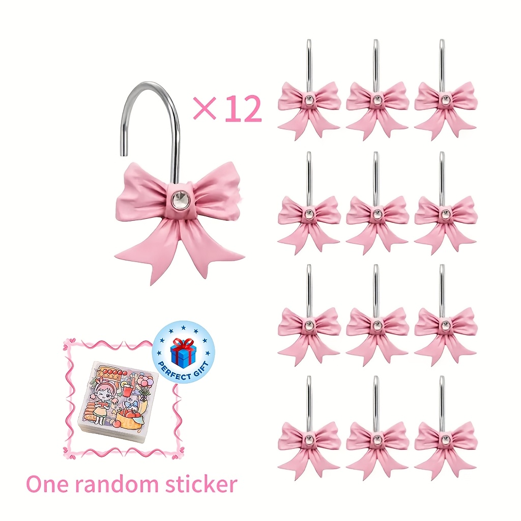 TEMU 12 Pink Bow Tie Shower Curtain Decorative Hooks, Shower Curtain Rod Ring, Stainless Steel Shower Hook