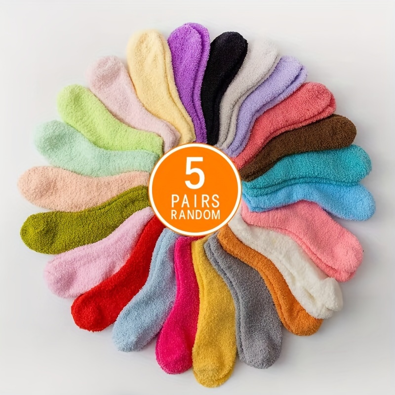

5 Pairs Solid Coral Fleece Socks, Warm & Comfy Mid Tube Socks For Fall & Winter, Women's Stockings & Hosiery