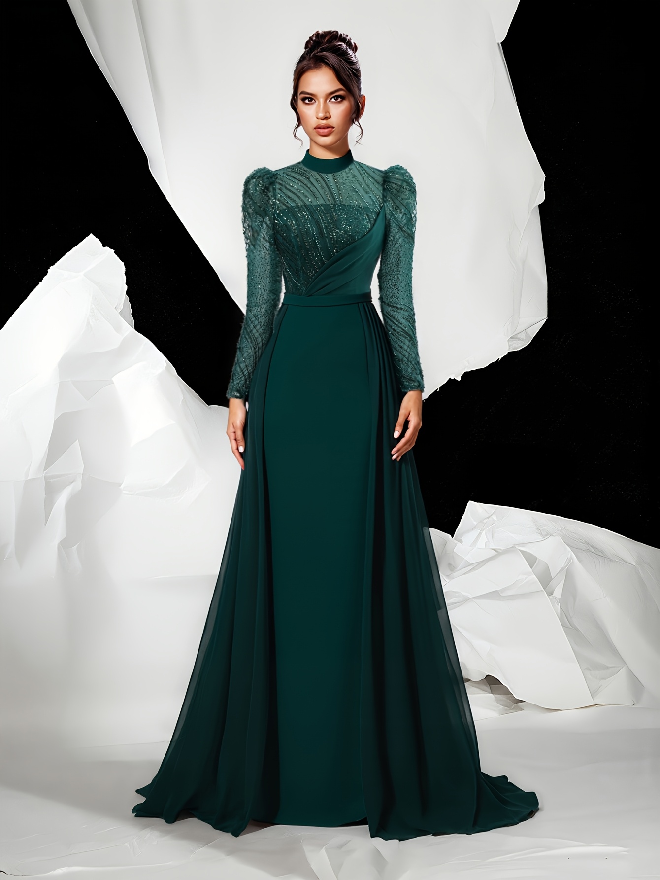elegant mock neck sequin formal dress long sleeve lace - Temu Mauritius