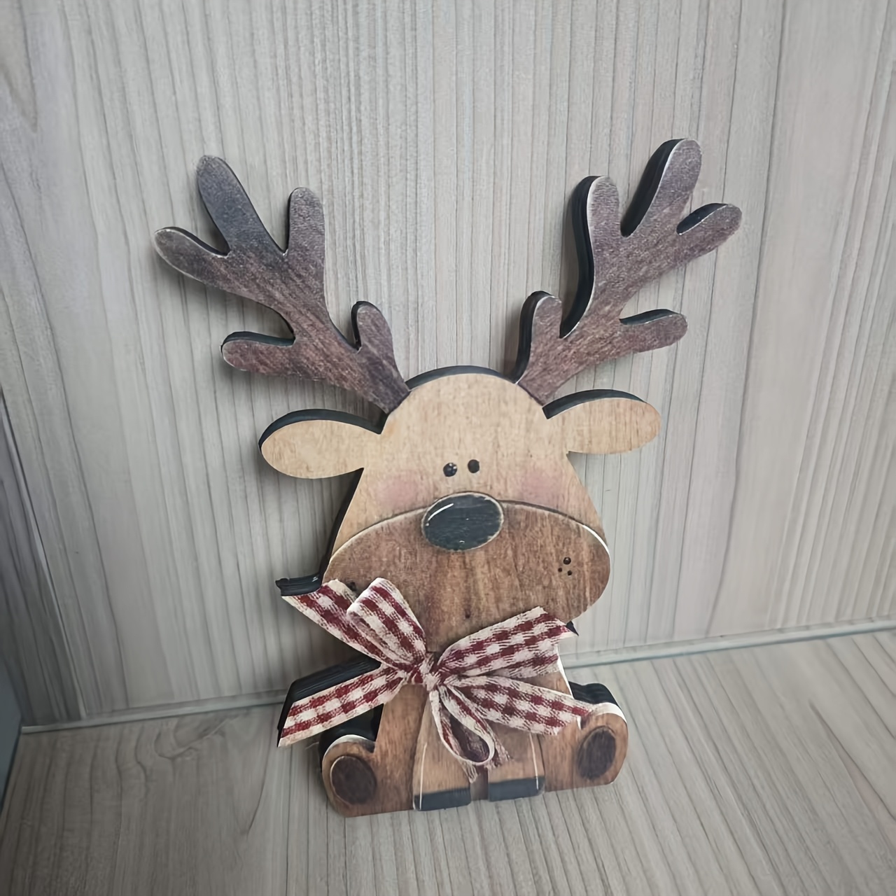 TEMU 2d Flat, Collectible Christmas Ornament - 2d Flat Wooden Reindeer Desktop Plaque, Cute Sitting Elk Figurine With Red And White Bow, Farmhouse