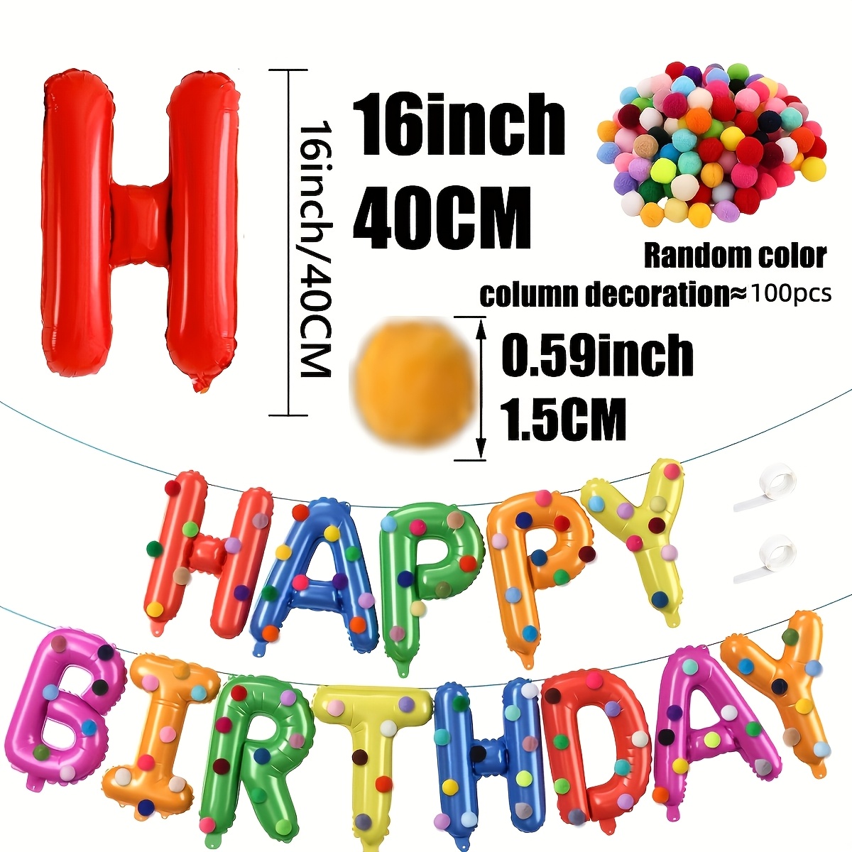 Image of Birthday Party Set,rainbow-colored Balloons, Random Felt Ball Assortment, Premium Foil Pull-up Banners, Happy Birthday Wall Decoration, For Halloween, Christmas