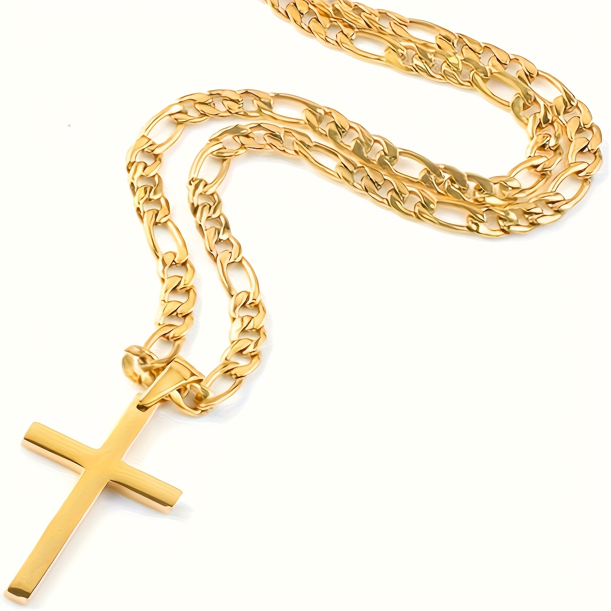 Image of 1pc Men's Cross Necklace - 201 Stainless Steel Pendant, Silvery/golden Cross Pendant Necklace, Simple Jewelry Gift, 23.6 Inches + 1.96 Inches, 3:1 Chain