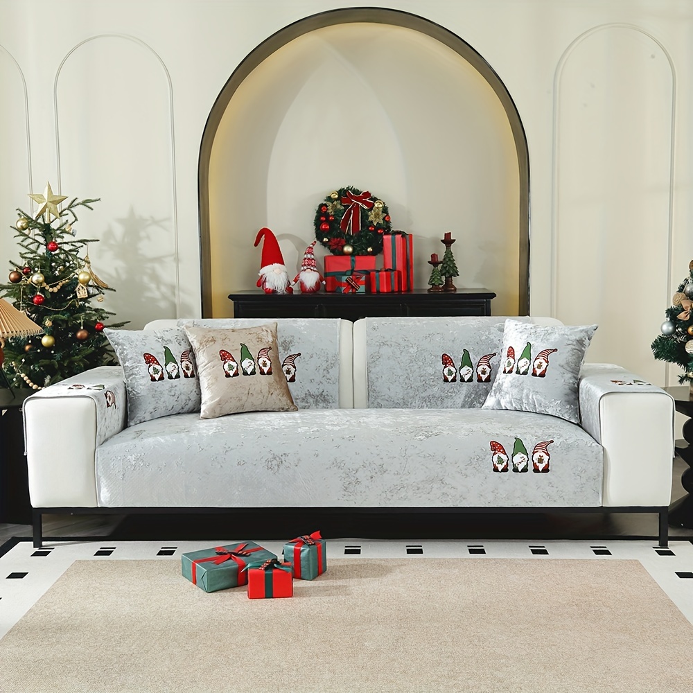 TEMU 1pc Festive Christmas Santa Claus Sofa Couch Cover - Non-slip, Pet-friendly Soft Chenille Fabric Couch Cover Protector For Bedroom, Office,
