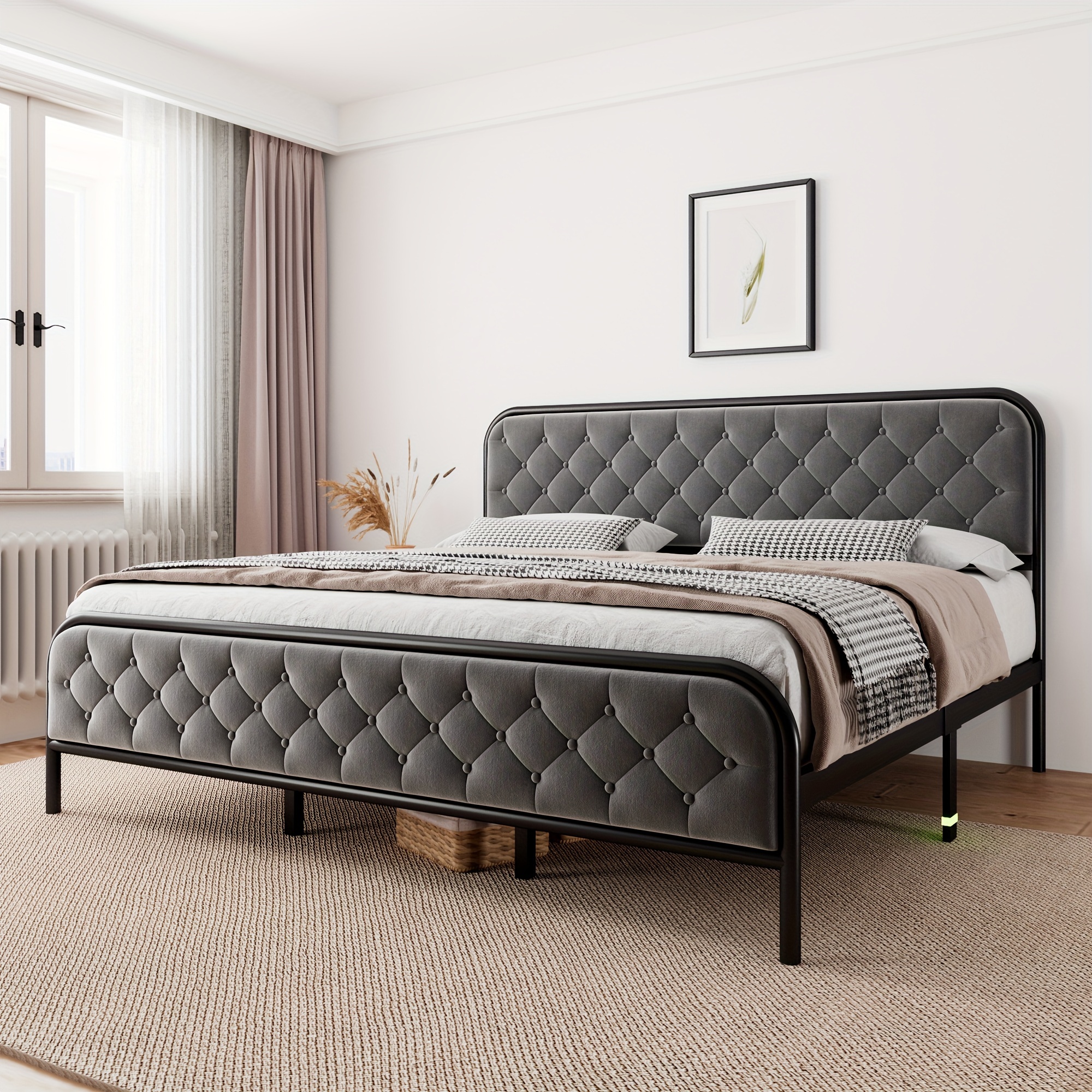 

Platform Bed Frame With Linen Tufted Headboard, Upholstered Metal Bed With Ample Under-storage Space, Sturdy & Durable Foundation, No Box Spring Needed