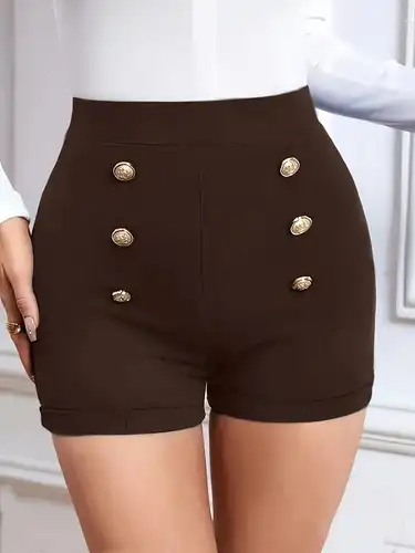 Solid High Waist Shorts Button Decor Vintage Elegant Shorts - Temu