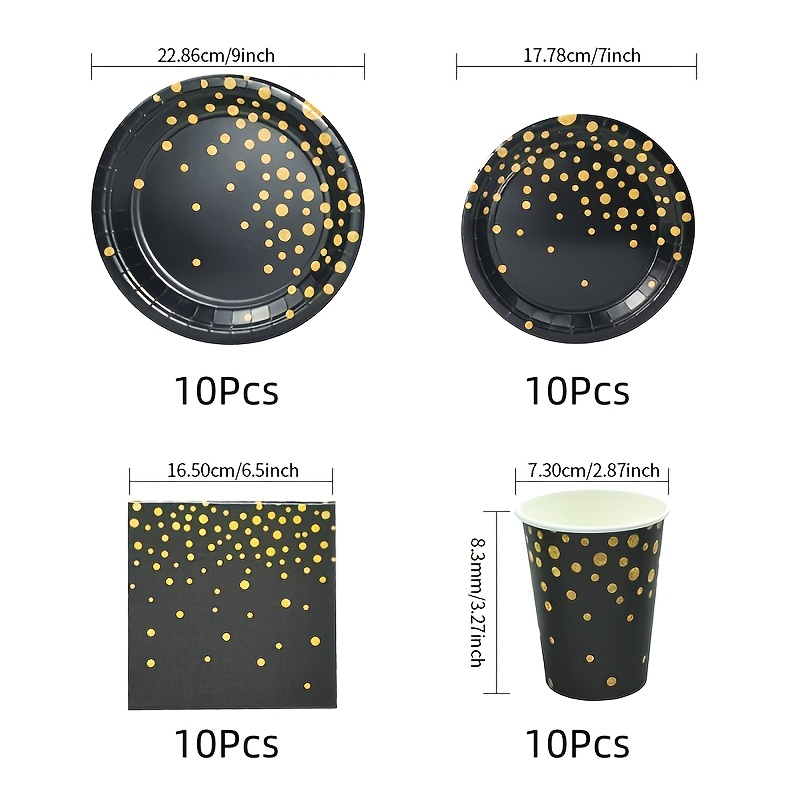 Image of 40pcs Black And Golden Luxurious Party Set | 7+9 Inch Golden Relief Plates, Napkins, Cups - Food-grade Thick And Oil-resistant, Suitable For Birthdays, Weddings, Christmas, Graduation