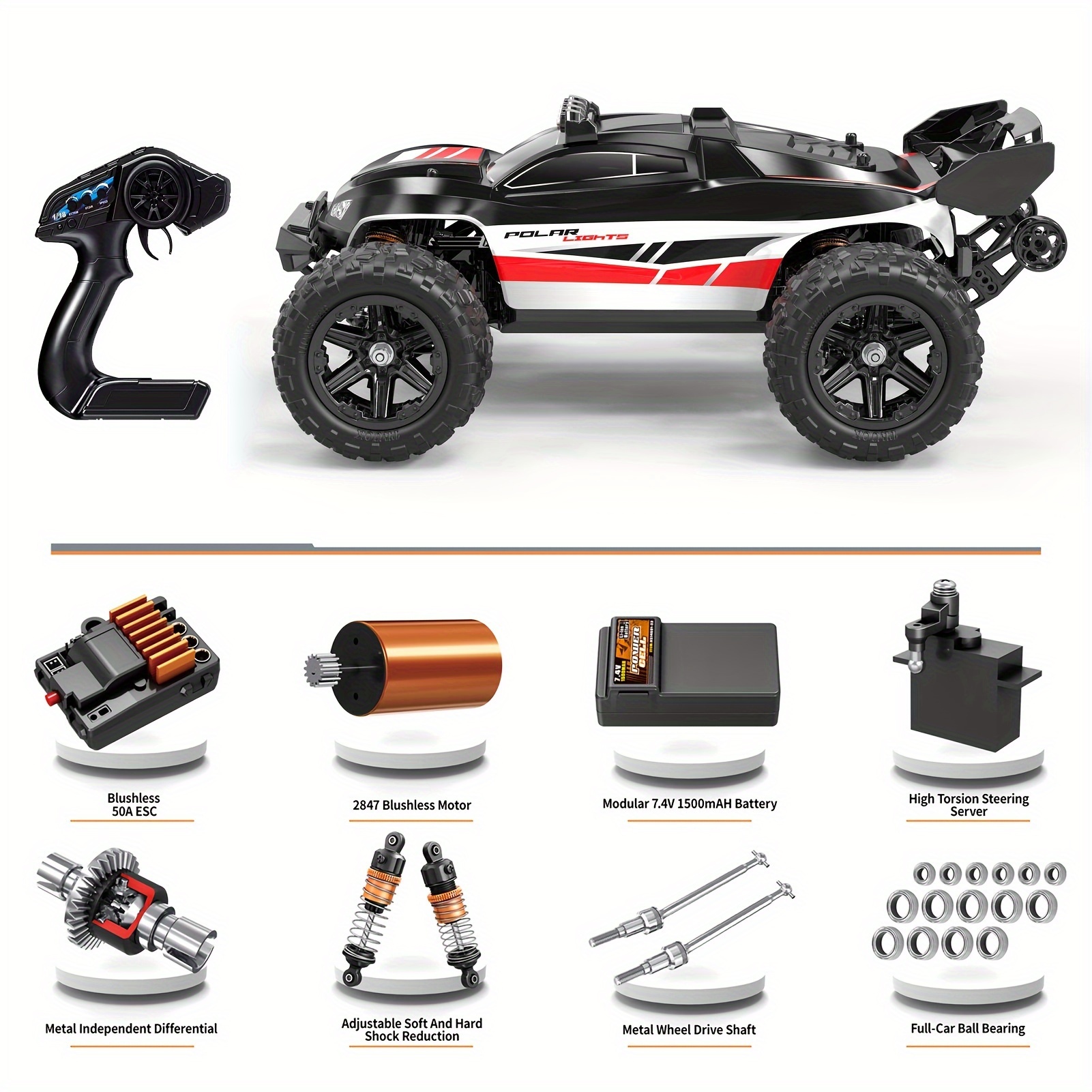 Flypear 1: 14 Full Scale Brushless 4WD RC Car With Head-up Wheel, All Terrain Off Road Vehicle With Extra PVC Car Shell, 52KM/H High Speed Racing Drifting Climbing Truck, LED Lights, Damping System, Large Amplitude/Torque Steering Gear, Birthday Easter Halloween Christmas Gifts