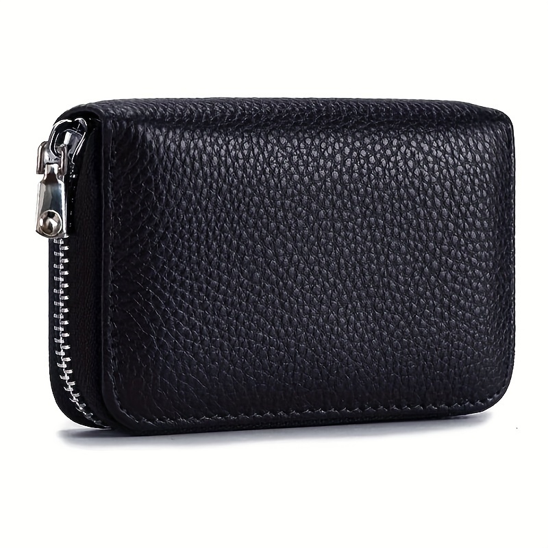 Image of Obcreator Layer Of Cowhide Genuine Leather 12 Card Slots Credit Card Holder Lychee Pattern Wallet Rfid Small Zipper Card Case 2 Storage Slots Purse For Organizer Bag