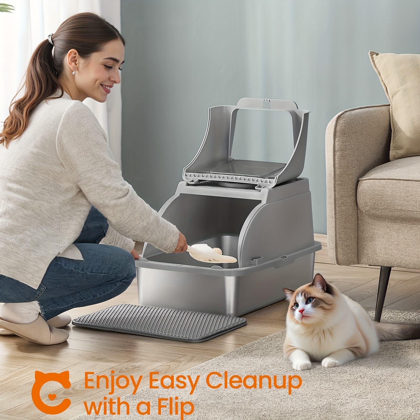 TEMU Bac à Litière en Acier Inoxydable avec Couvercle Rabattable, Bac Fermé XL pour Chats Jusqu'à 15 kg, Design -Fuites, Pelle, Brosse, Double Entrée