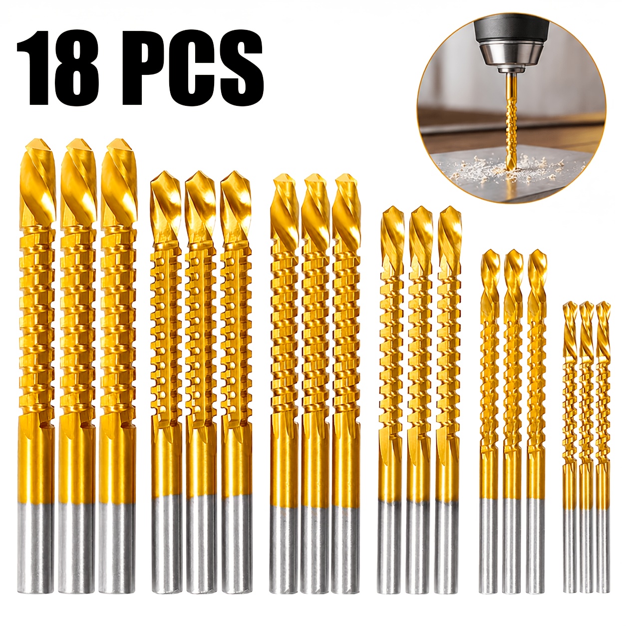 TEMU This 18pcs High-strength Steel Serrated Rotary Grooving Multi-functional Drill Bit Set Features , Multiple Uses, Twist Drill Bits, Steel