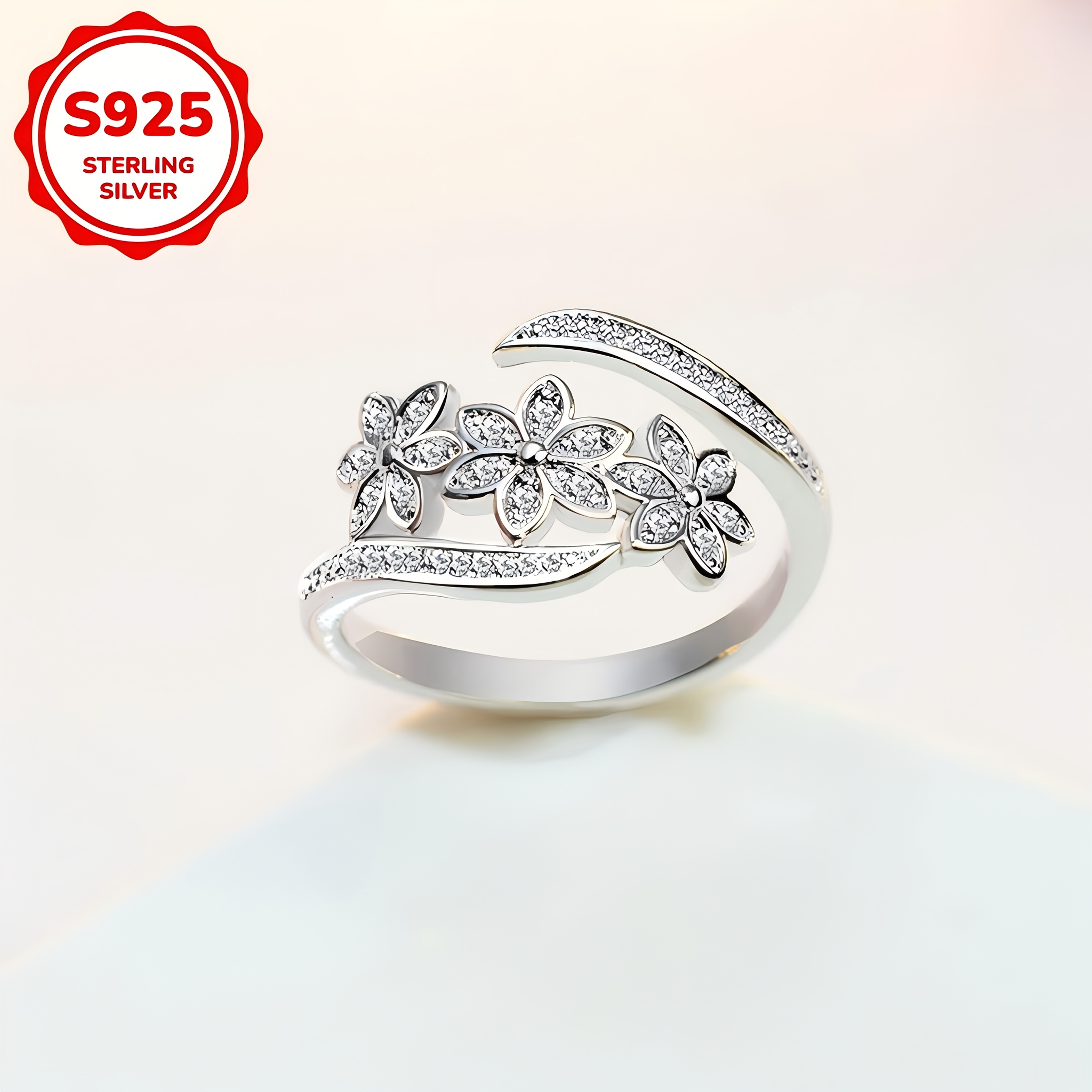Adjustable 925 Silvery Women's Ring with Zirconia Inlay Flowers