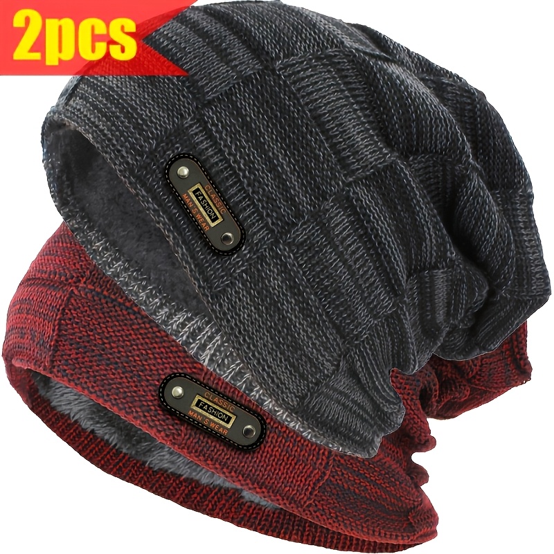 TEMU 2pcs 's Autumn/winter Mixed Color Knitted Hat, With Thick Velvet Warm And Windproof Pullover Hat, Outdoor Casual Warm And , Lined With Plush,