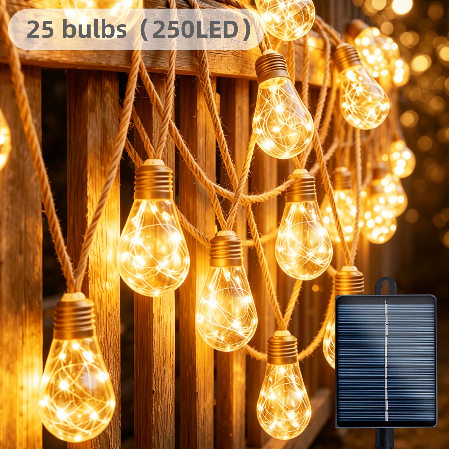 TEMU 1pack, 18.37/38.05ft Solar Holiday Decoration Light, 10/25 Retro Hanging Hemp Rope Intelligent Light Strip, 12 Lighting , Suitable For Indoor