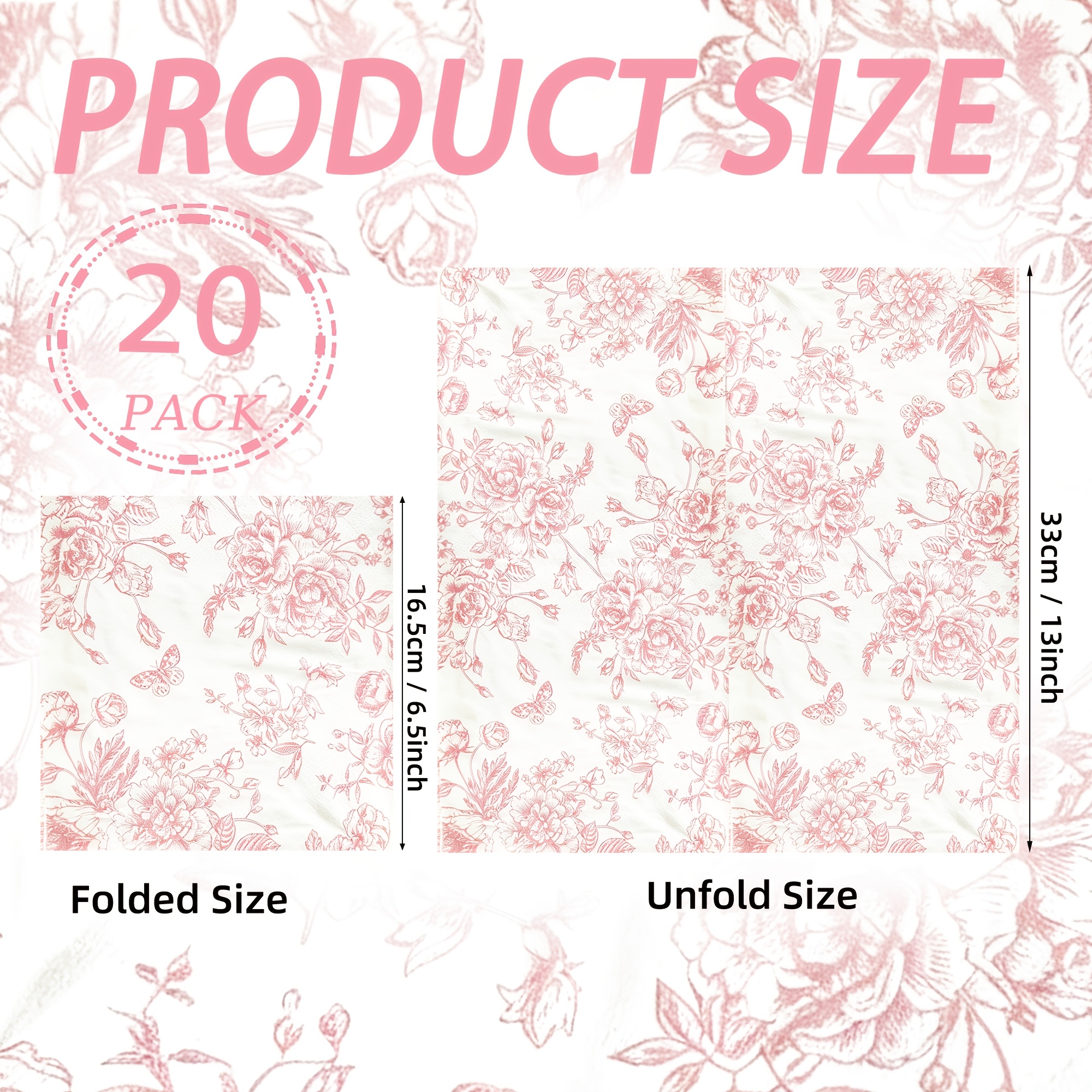 TEMU Paquete de servilletas de papel florales vintage de 20/40/100 unidades, servilletas de con rosas rosadas y mariposas, servilletas decorativas