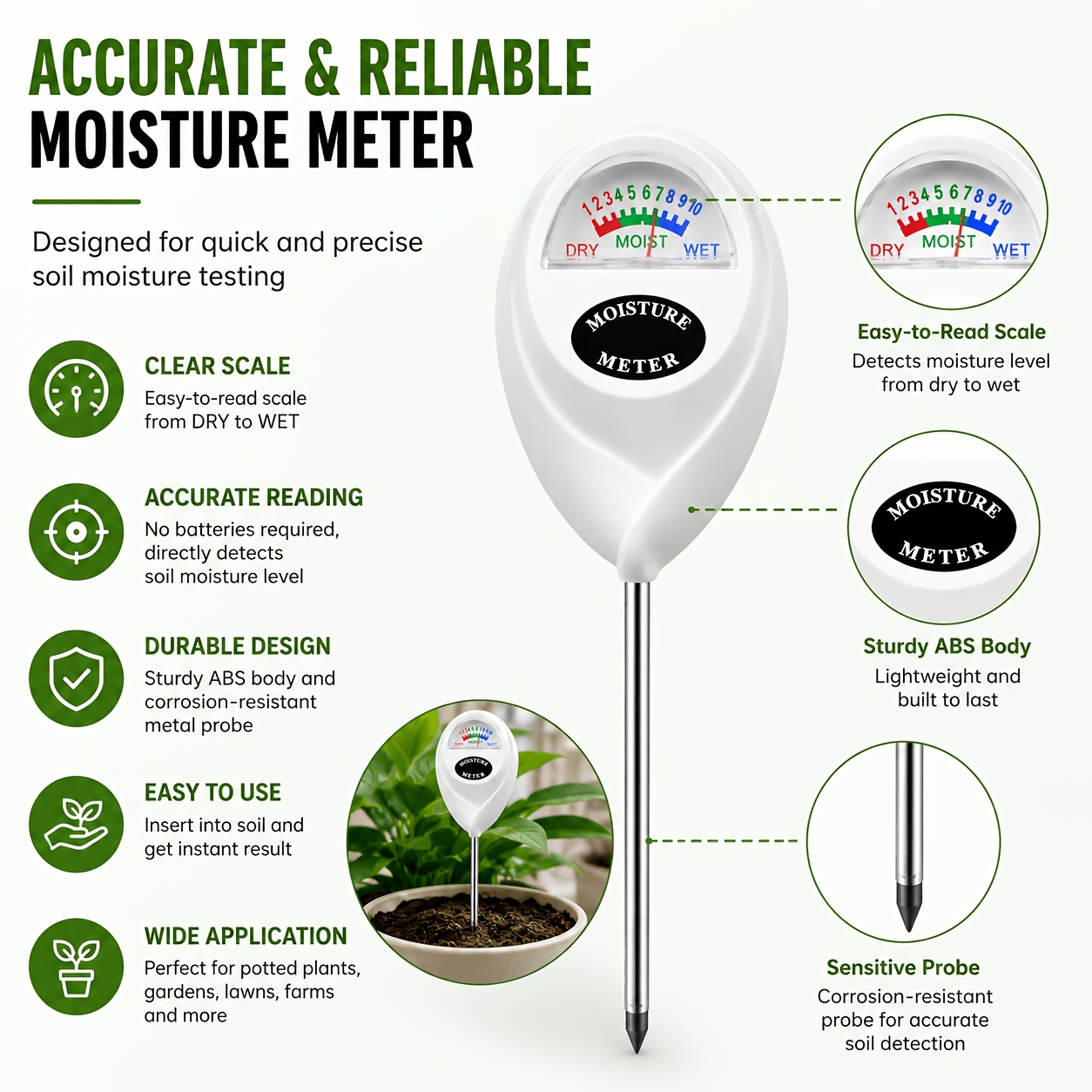  soil moisture meter horticultural potting plant moisture detector for batteries suitable for indoor and outdoor use rust proof probes Product details 1