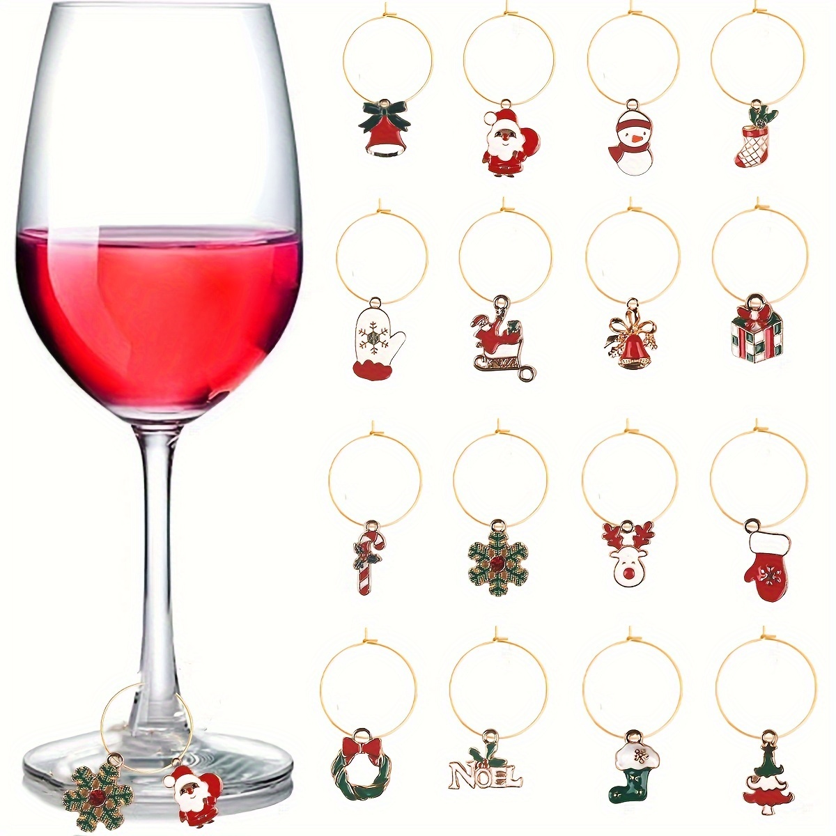 16pcs Set Christmas Wine Glass Charms Stainless Steel, Oval-Shaped Tags  for Easy Identification Perfect Gift for Wine Enthusiasts Party Decor, L