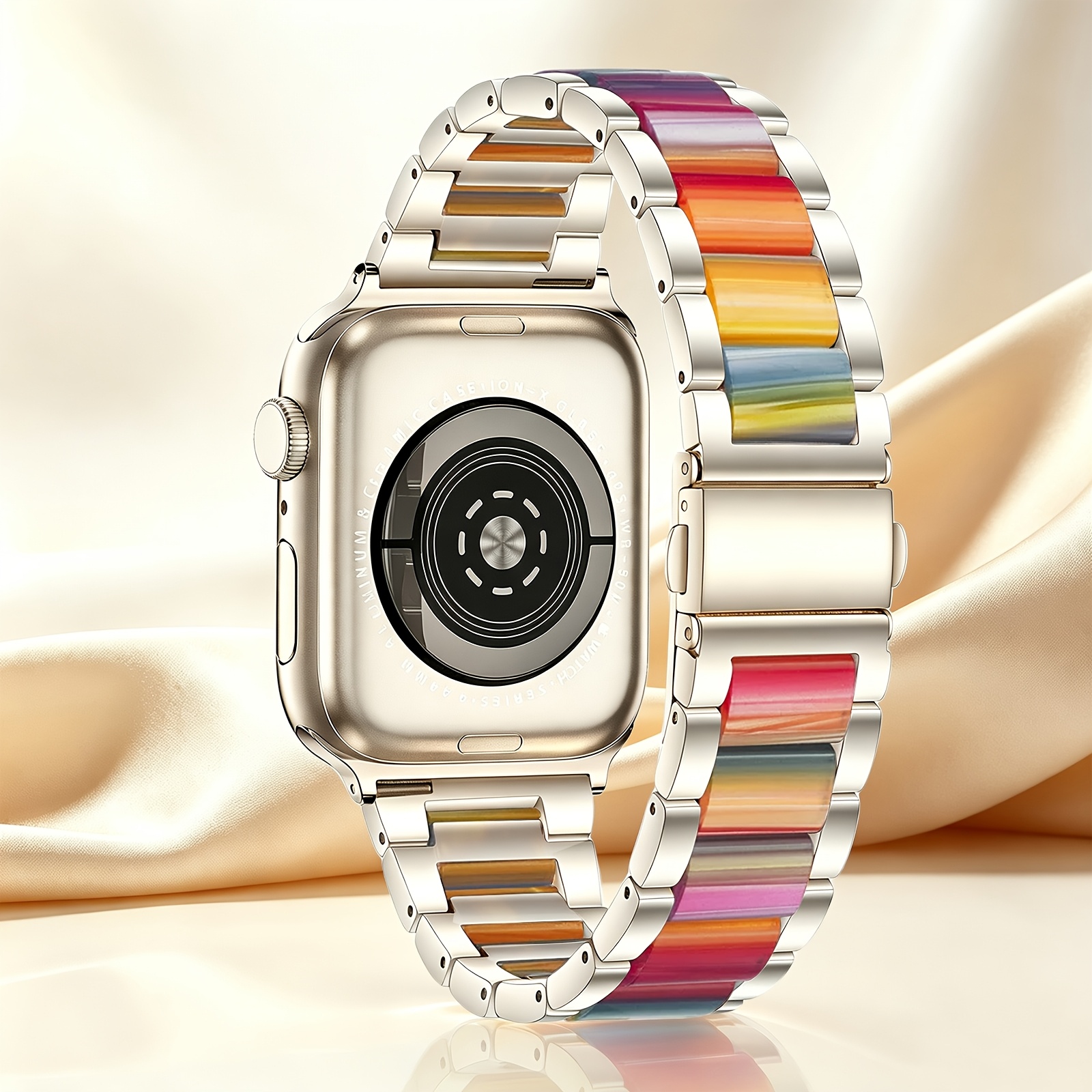 TEMU Resin & Stainless Steel Bracelet Strap Compatible With Watch 46mm 45mm 44mm 42mm 41mm 40mm 38mm, Adjustable Replacement Wristband, For Iwatch