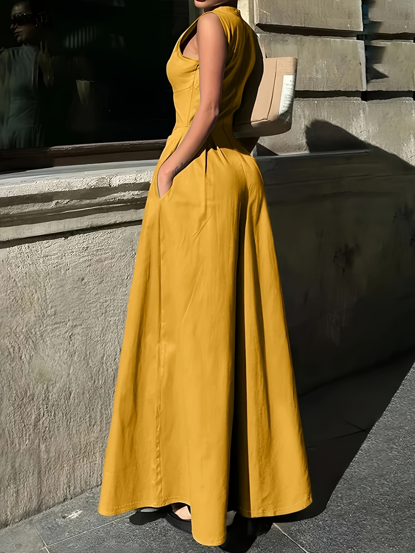 womens elegant sleeveless wide leg jumpsuit mustard yellow - Temu Canada
