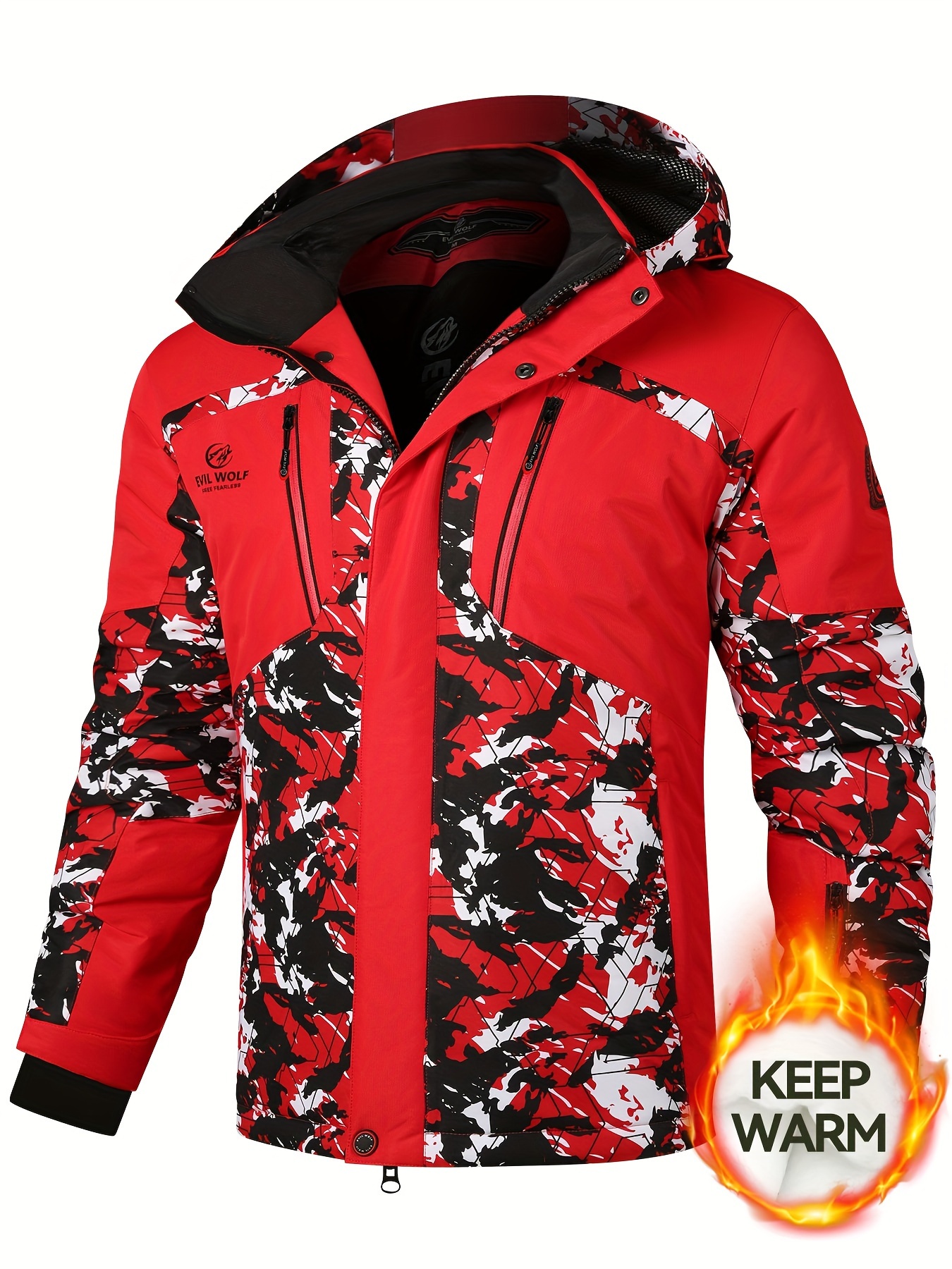 *'s Insulated Ski Jacket, Winter Coat with Hood, Multi-* Black White  Camouflage Pattern, Zippered Pockets, Adjustable Hood