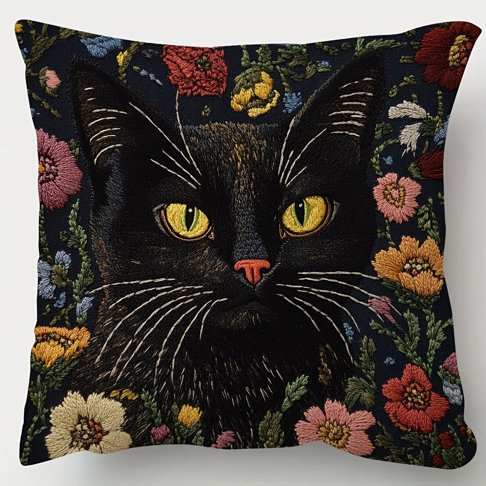 

1pc Bohemian Style Black Cat Plush Pillow Cover, 18x18 Inches, Double-sided , Zippered Polyester For Living Room & Bedroom - Machine Washable, Cute Pillows