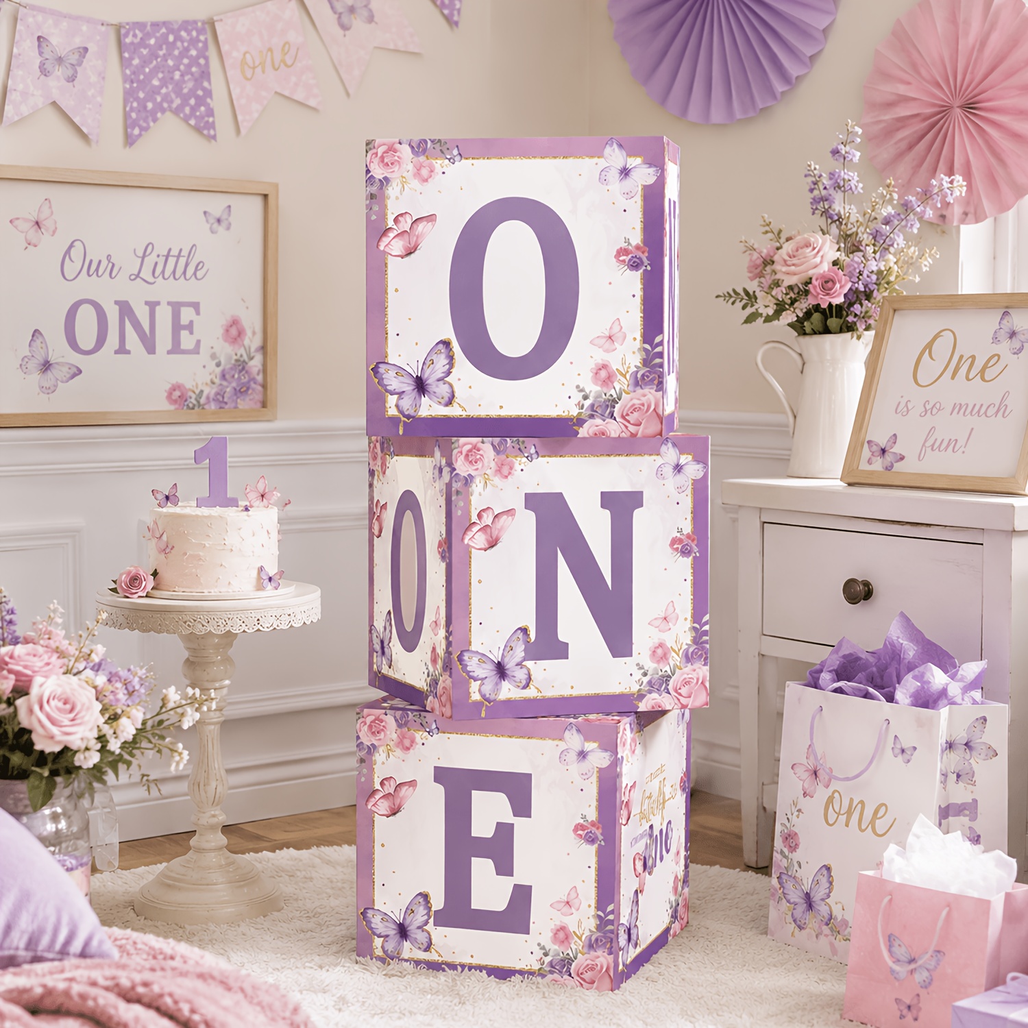 TEMU Lot de 3 accessoires de pour fête, décorations de premier anniversaire sur le thème des papillons violets, boîte de décoration de premier