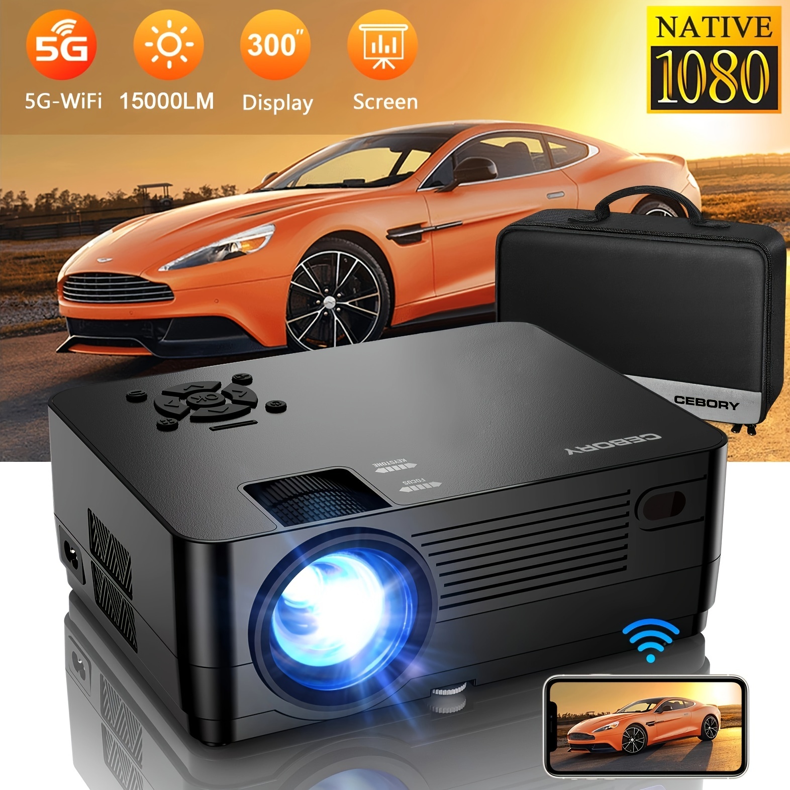 

5g Wifi Wireless Native 1080p Projector[projector Screen Included], 300" Display Support 4k Home Theater, 15000lm Full Hd Movie Projector, Compatible With Ios/android//ps4/tv Stick/