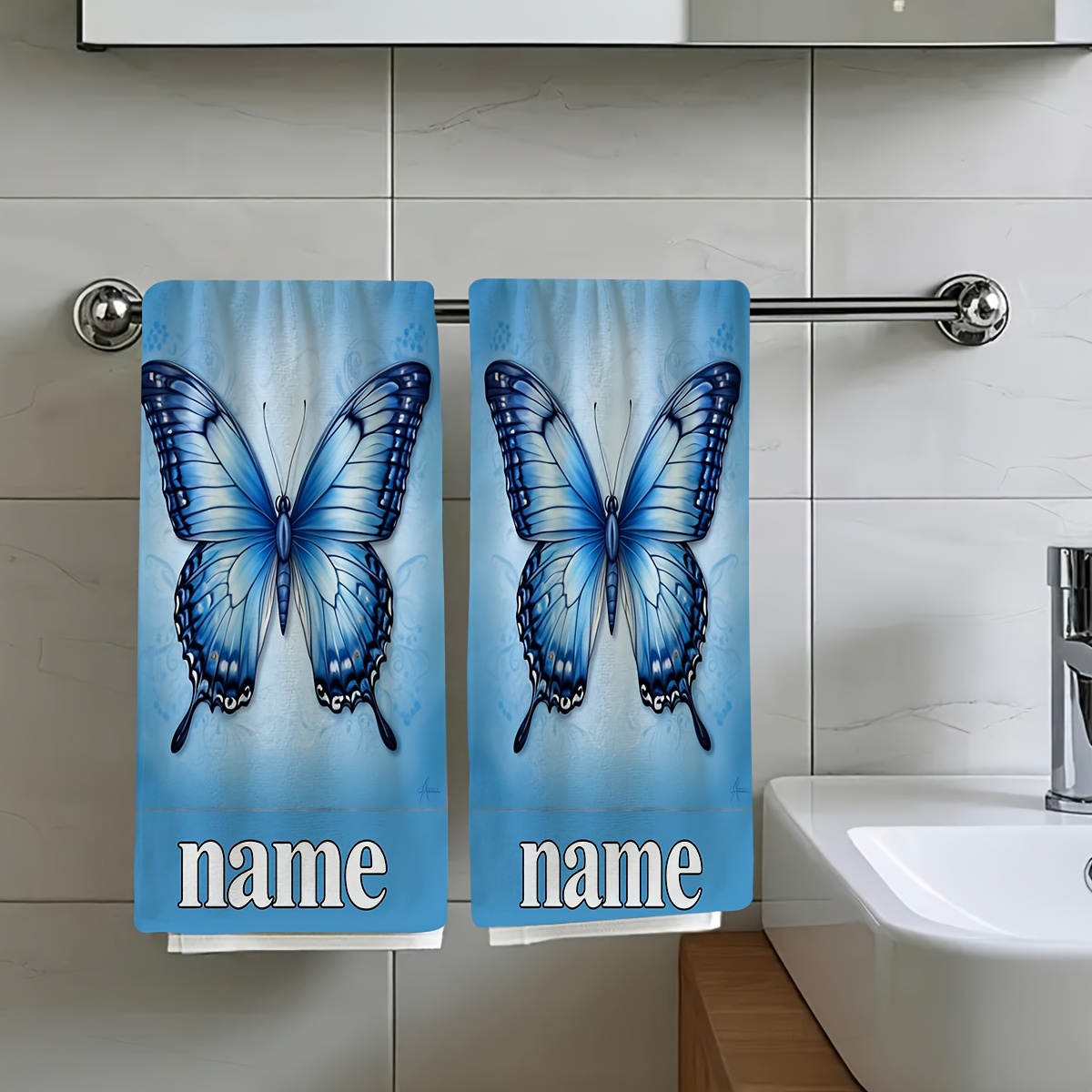 TEMU 2pcs, Blue Light With Floral Pattern Travel Essential Towel, Customizable Text Towel, Name Customization Towel, Cartoon Anime Towel, Striped
