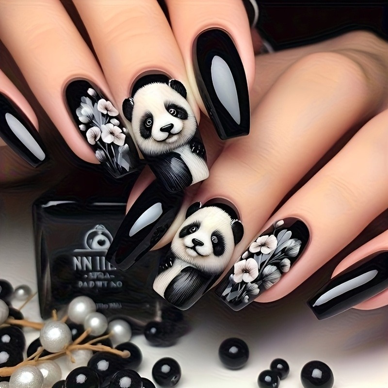 TEMU 24 Medium-sized Ballet Fake Nails, Black And White Flower Panda Pattern Wearing Nail Design, Glow Nail Patches Removable Fake Nails