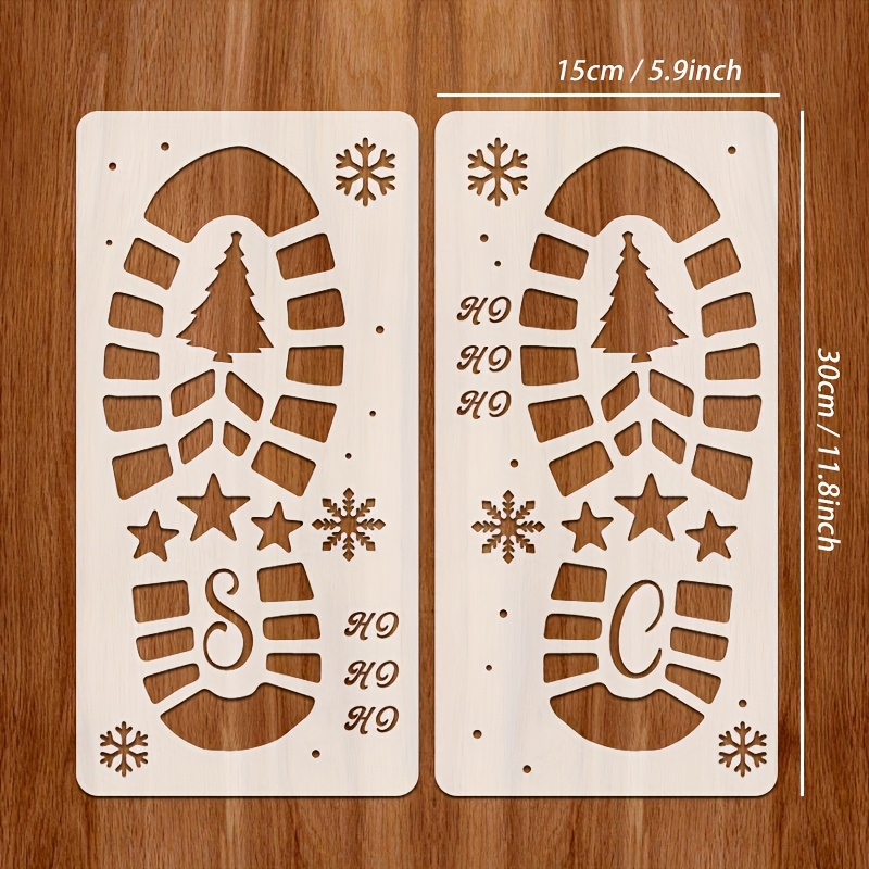 Image of 2pcs Large Reusable Pet Plastic Christmas Santa Footprint Stencils With Snowflake & Boots Patterns - Diy Templates Suitable For Wall, Floor, Canvas Painting - Precise Cutouts For Holiday Decorations