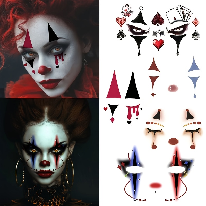 Image of 5pcs Evil Face Tattoos Suitable For Halloween Temporary Realistic Scary Clown Fake Tattoos With Makeup Stickers For Costumes, Cosplay Accessories, Lasting Wearable Face For Parties