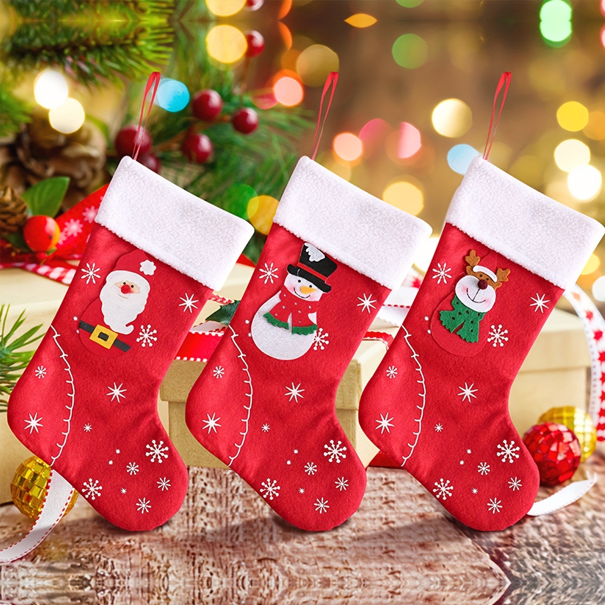 

3-pack 12-inch Christmas Stockings Set - Glam Polyester With Snowflake Theme For Christmas Decorations, Elegant Red Christmas Stocking Apple Gift Bags For Festive Season