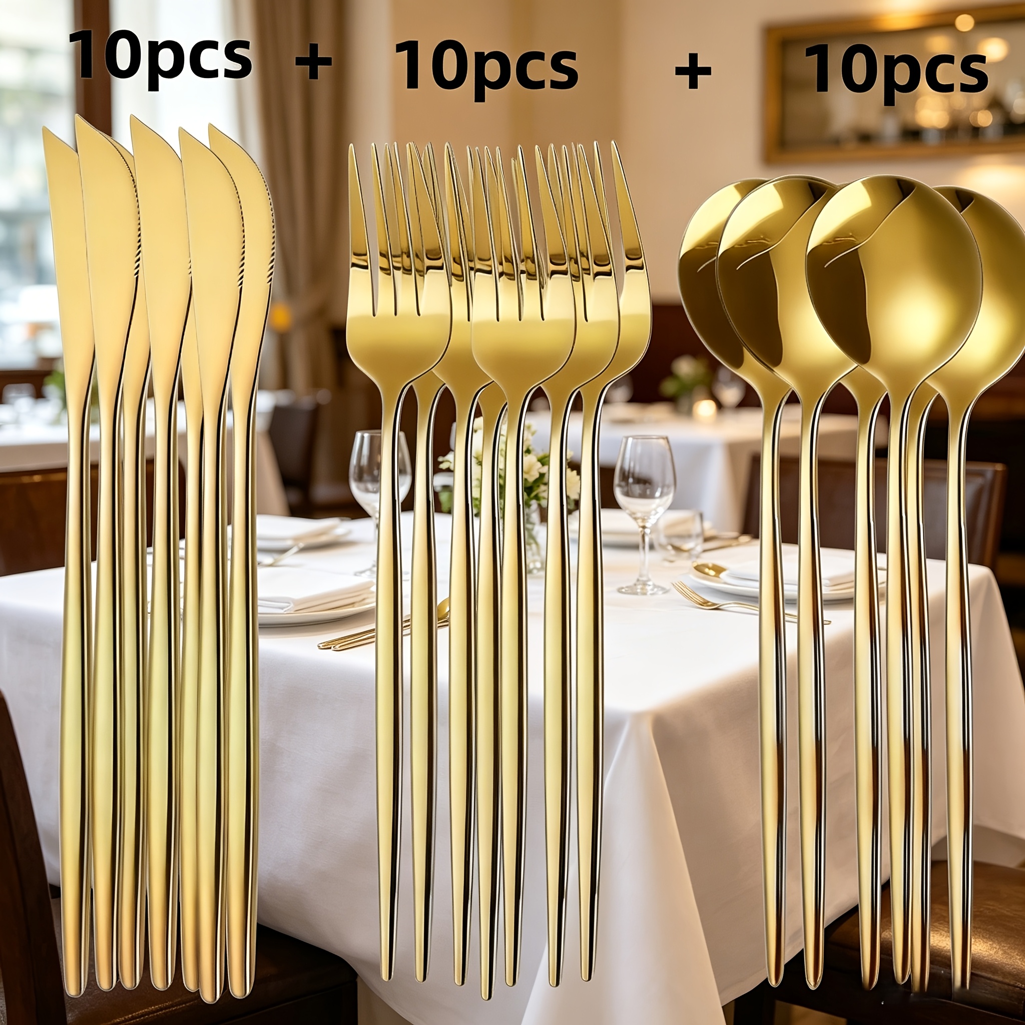 TEMU 30pcs Golden Plastic Tableware Set, Made Of Ps Plastic, Suitable For Large Parties, Conferences, Weddings, Dinners, Beach Parties, And Other