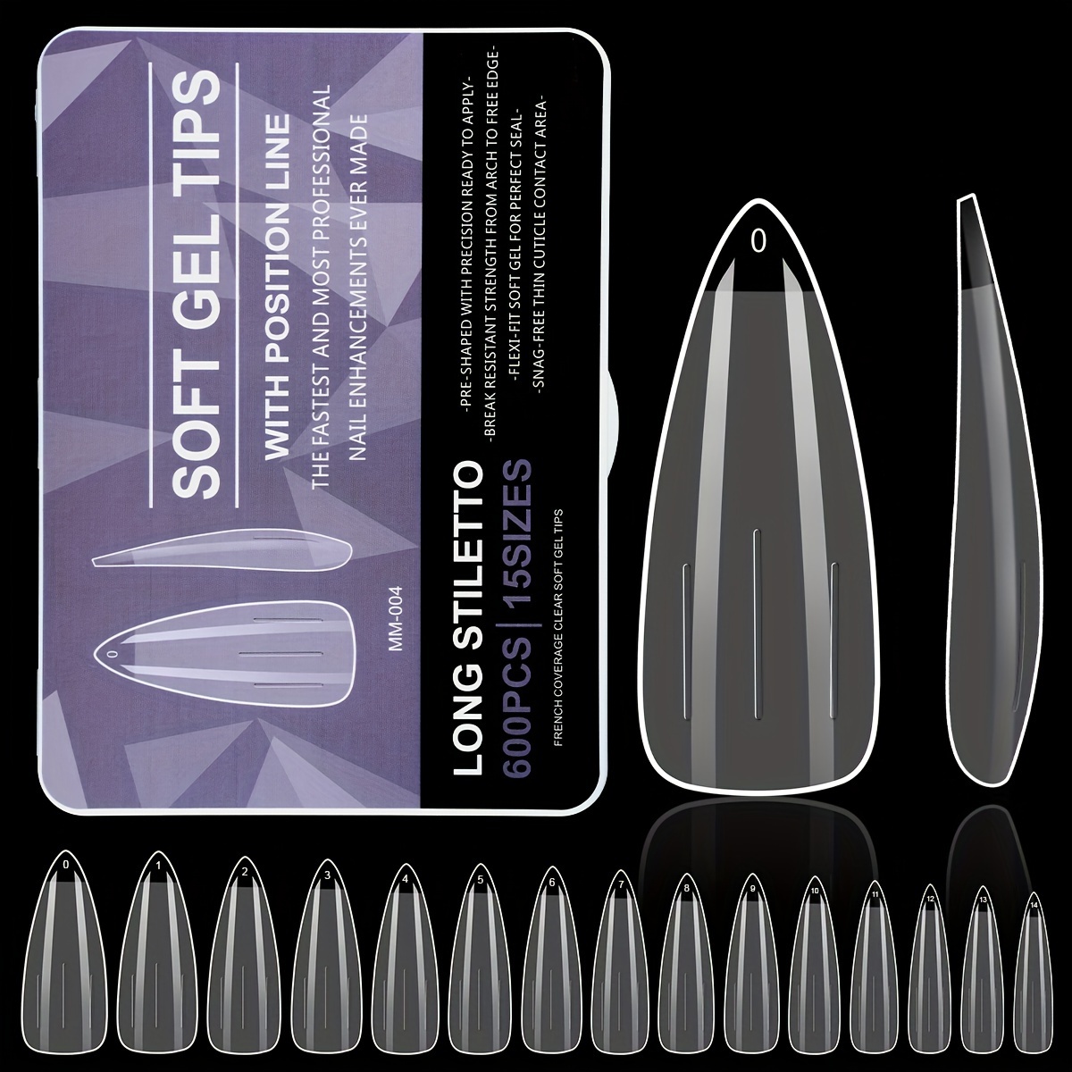 TEMU 600pcs Quickchic Medium Square Shaped Transparent False Nail Tips Extension, Long Coffin Almond Stiletto 12 Sizes For Nail Salons And Diy Nail