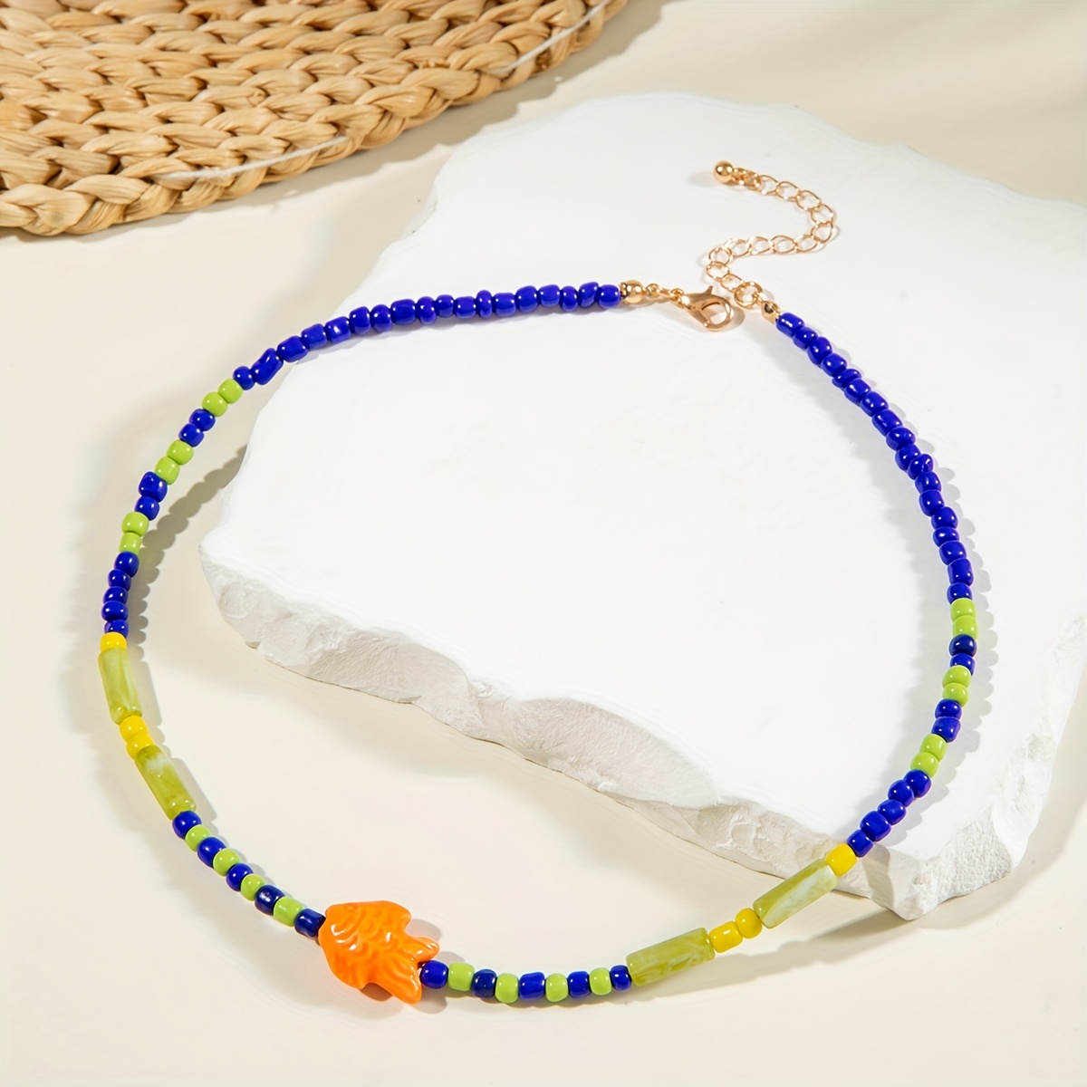 Women's Ceramic Fish Charm Necklace Multicolor Beads Lightweight