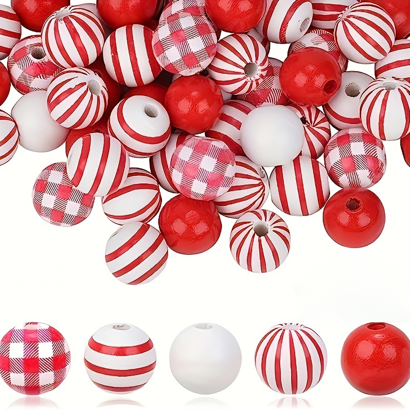 

50-pack Mixed Red And White Wooden Beads, Ywli Wood Craft Beads For Diy Crafting, Christmas, Valentine's Day & Universal Decor, Hanging Ornament Set Without Electricity