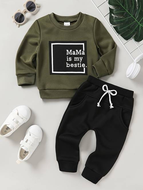 2pcs baby boy soft comfortable breathable letter slogan print sweatshirt and drawstring sweatpants casual set for outdoor