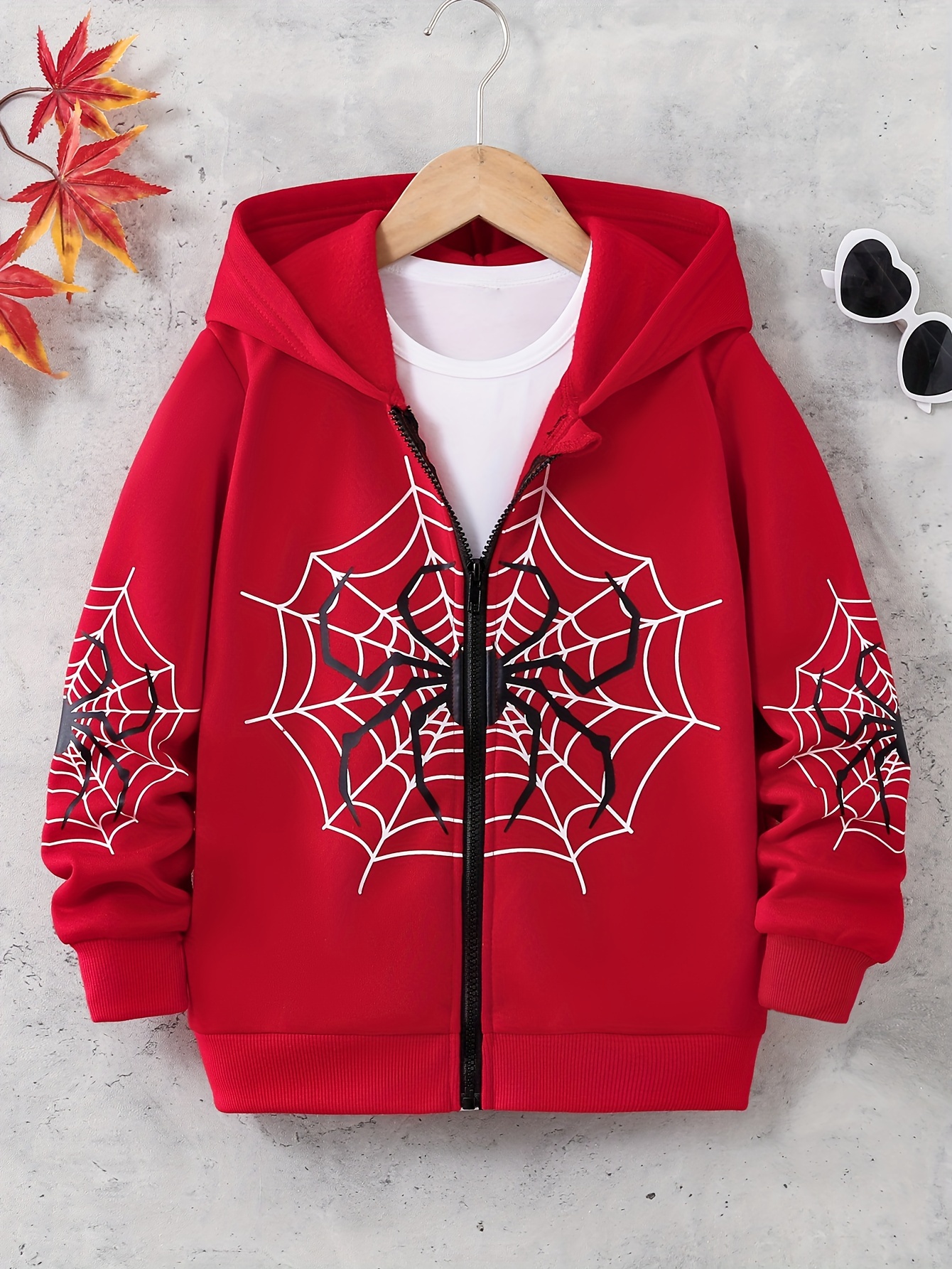 cool spider web graphic print boys zip hooded sweatshirt Temu