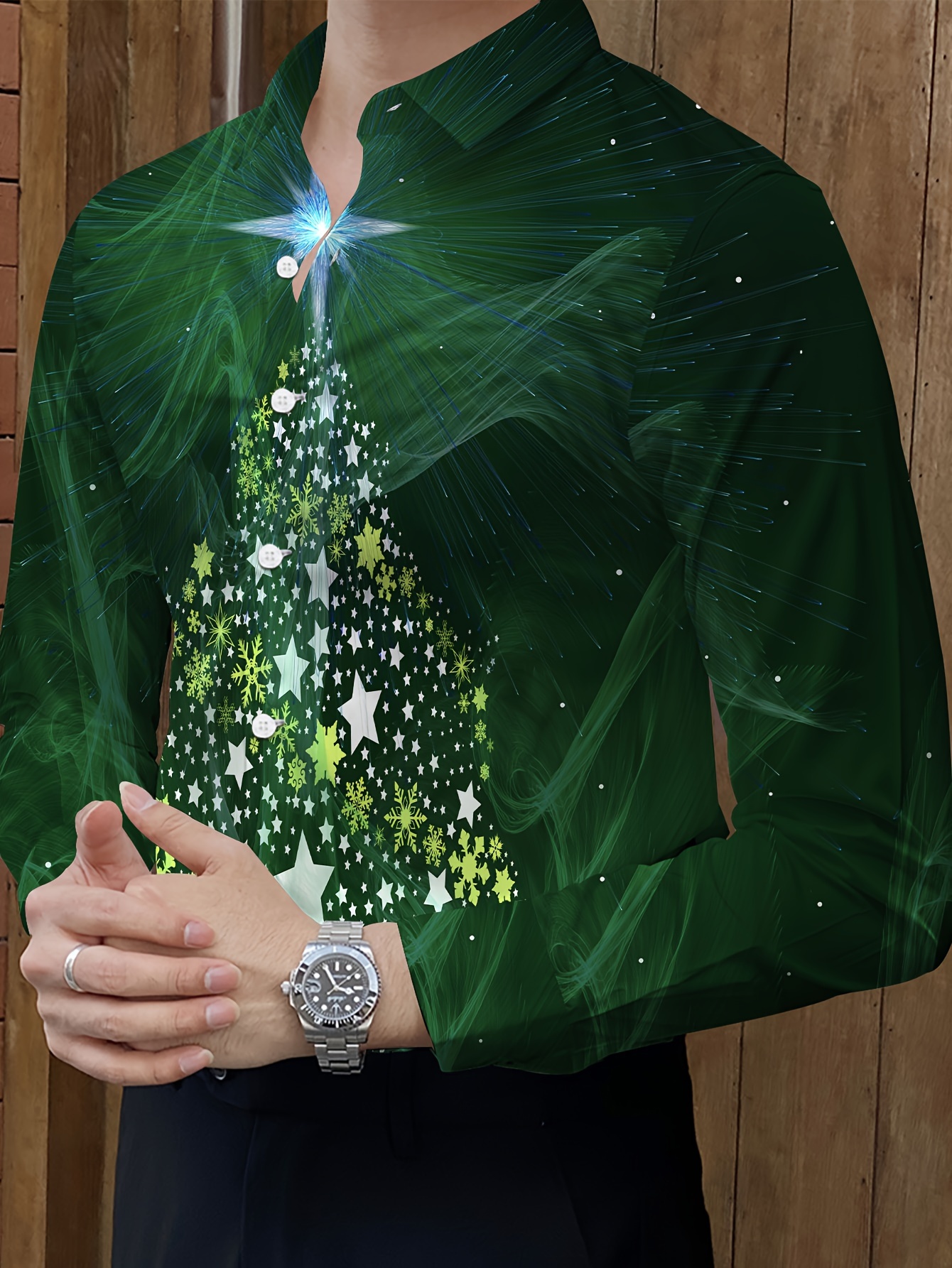 christmas tree print mens long sleeve button shirt spring - Temu United  Arab Emirates
