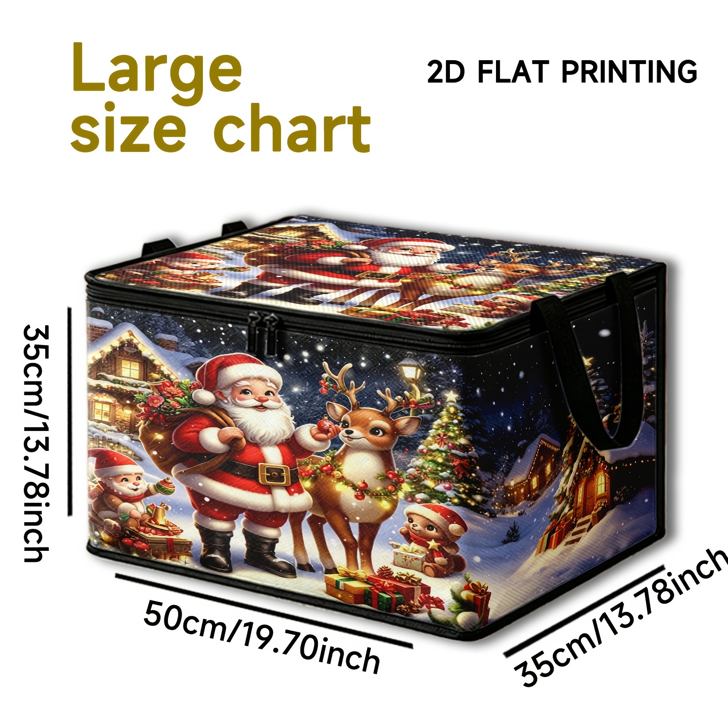 TEMU 1pc Large-capacity Foldable Storage Box With Santa & Reindeer Print Suitable For Christmas Tree Side Organizer, Double-zipper Handheld Suitcase
